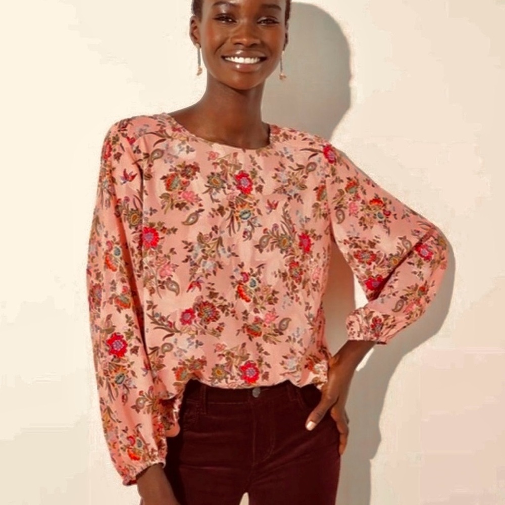 LOFT Peachy Pink Floral Balloon Sleeved Blouse - Size L